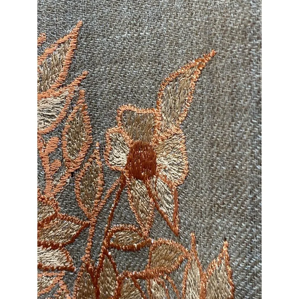 Wool Scarf Shawl Kashmiri Wrap Embroidered Floral Oversized Fringe Camel Brown